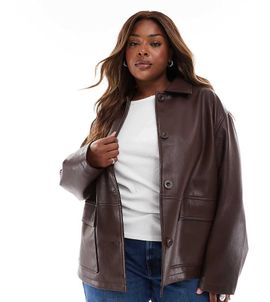 ASOS Curve ASOS DESIGN Curve leather look harrington jacket in chocolate-Brown