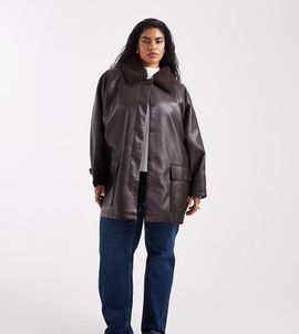 ASOS Curve ASOS DESIGN Curve leather look jacket with borg collar and cinch waist in chocolate-Brown