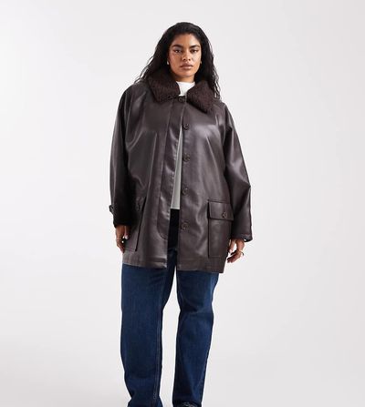 ASOS Curve ASOS DESIGN Curve leather look jacket with borg collar and cinch waist in chocolate-Brown