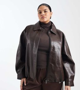 ASOS Curve ASOS DESIGN Curve leather look oversized bomber jacket in chocolate-Brown