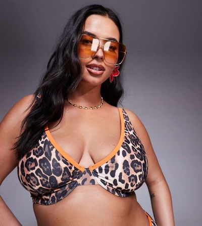 ASOS Curve ASOS DESIGN Curve Leo contrast binding underwire bikini top in animal print-Multi