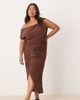 ASOS Curve ASOS DESIGN Curve linen fallen twist shoulder wrap skirt detail midi dress in chocolate brown - 1