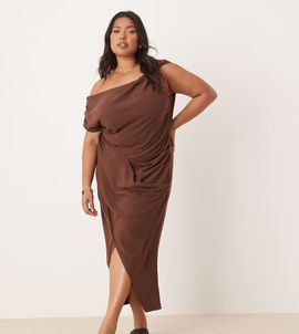 ASOS Curve ASOS DESIGN Curve linen fallen twist shoulder wrap skirt detail midi dress in chocolate brown
