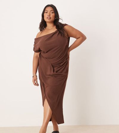 ASOS Curve ASOS DESIGN Curve linen fallen twist shoulder wrap skirt detail midi dress in chocolate brown