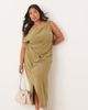 ASOS Curve ASOS DESIGN Curve linen fallen twist shoulder wrap skirt detail midi dress in khaki-Green - 1