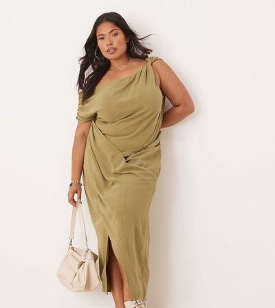 ASOS Curve ASOS DESIGN Curve linen fallen twist shoulder wrap skirt detail midi dress in khaki-Green