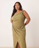 ASOS Curve ASOS DESIGN Curve linen fallen twist shoulder wrap skirt detail midi dress in khaki-Green - 2