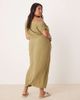 ASOS Curve ASOS DESIGN Curve linen fallen twist shoulder wrap skirt detail midi dress in khaki-Green - 4