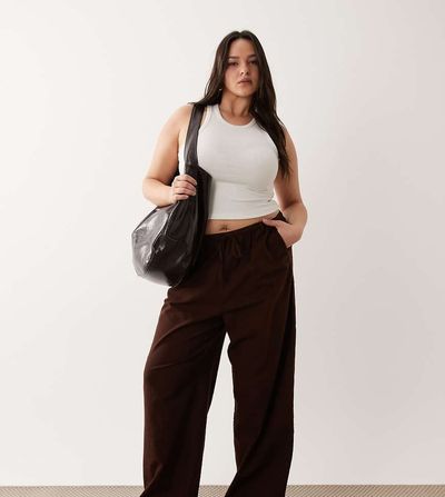 ASOS Curve ASOS DESIGN Curve linen look pull on pants in chocolate-Neutral