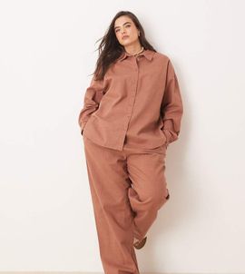 ASOS Curve ASOS DESIGN Curve linen look pull on pants in mocha - part of a set-Brown