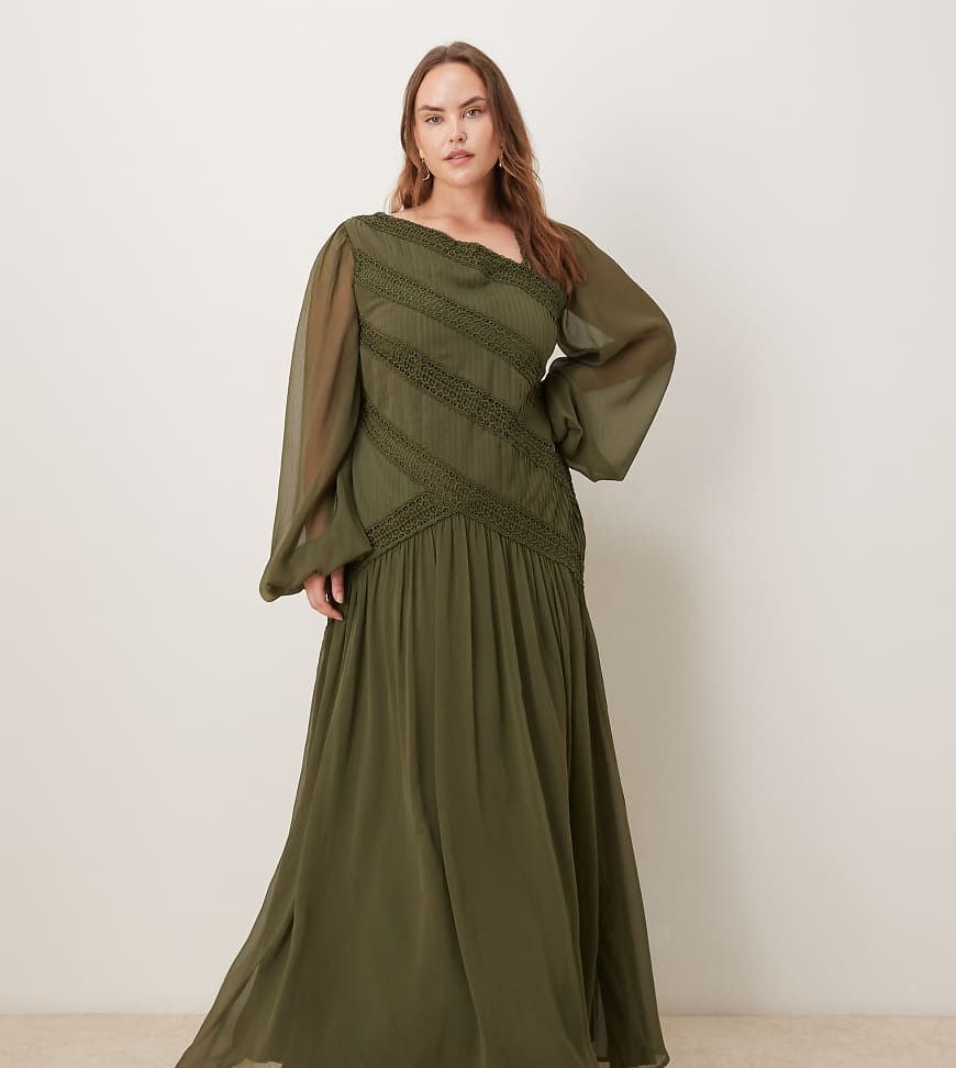 asos green asymmetric dress Curve Size:0 USA Featuring a plunge neck TRAIN Line & Dot Arlo