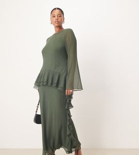 ASOS Curve ASOS DESIGN Curve long sleeve frill hem chiffon maxi dress in dark green