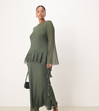 ASOS Curve ASOS DESIGN Curve long sleeve frill hem chiffon maxi dress in dark green