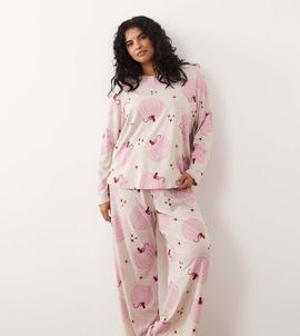 ASOS Curve ASOS DESIGN Curve long sleeve pajama set in pumpkin print-Multi