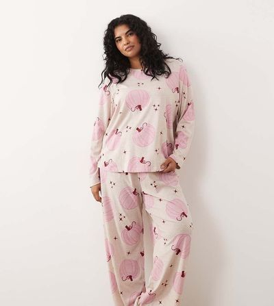 ASOS Curve ASOS DESIGN Curve long sleeve pajama set in pumpkin print-Multi