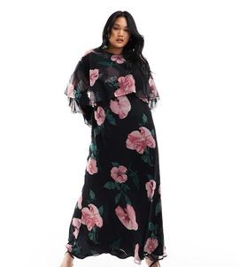 ASOS Curve ASOS DESIGN Curve long sleeve ruffle bias maxi dress with cape detail in black floral print-Multi
