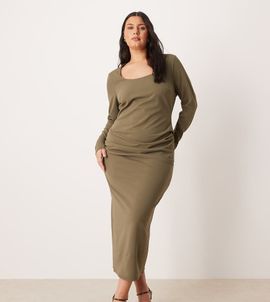 ASOS Curve ASOS DESIGN Curve long sleeve scoop neck midi dress in khaki-Green