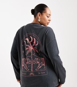 ASOS Curve ASOS DESIGN Curve long sleeve T-shirt with moon and tiger graphic in washed charcoal-Gray