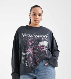 ASOS Curve ASOS DESIGN Curve long sleeve T-shirt with siren sounds graphic in washed charcoal-Gray