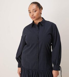 ASOS Curve ASOS DESIGN Curve long sleeve tie detail maxi shirt dress in navy