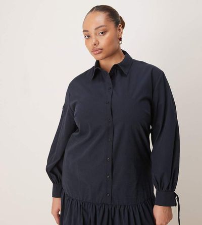ASOS Curve ASOS DESIGN Curve long sleeve tie detail maxi shirt dress in navy