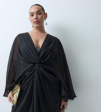 ASOS Curve ASOS DESIGN Curve long sleeve twist front mini dress with open back in black