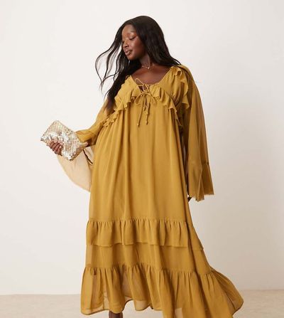 ASOS Curve ASOS DESIGN Curve long sleeve v neck maxi dress with tie details in ocher-Green