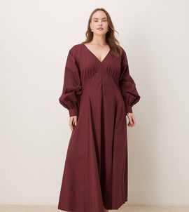 ASOS Curve ASOS DESIGN Curve long sleeve v neck poplin maxi dress in berry-Red