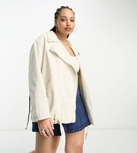 ASOS Curve ASOS DESIGN Curve longline biker jacket in washed cotton in ecru-White