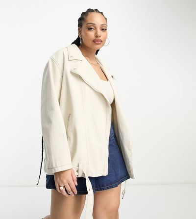 ASOS Curve ASOS DESIGN Curve longline biker jacket in washed cotton in ecru-White