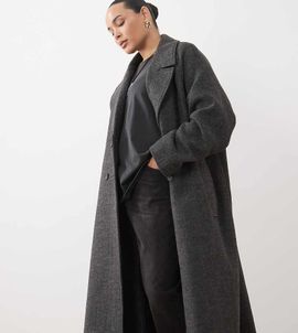 ASOS Curve ASOS DESIGN Curve longline double breasted brushed coat in herringbone-Black