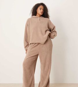 ASOS Curve ASOS DESIGN Curve lounge microfleece wide leg pants in taupe-Gray