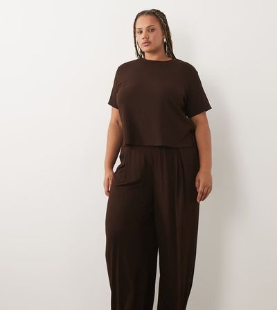 ASOS Curve ASOS DESIGN Curve lounge mix & match rib wide leg bottom in chocolate-Brown