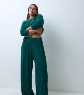 ASOS Curve ASOS DESIGN Curve lounge mix & match rib wide leg pyjama bottom in dark green