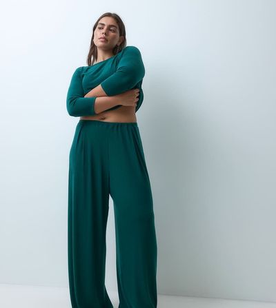 ASOS Curve ASOS DESIGN Curve lounge mix & match rib wide leg pyjama bottom in dark green