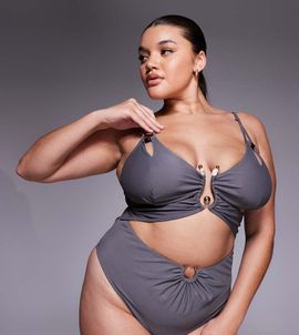 ASOS Curve ASOS DESIGN Curve Lucie plunge swimsuit with cut out and resin trim in gray