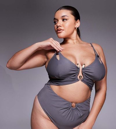 ASOS Curve ASOS DESIGN Curve Lucie plunge swimsuit with cut out and resin trim in gray
