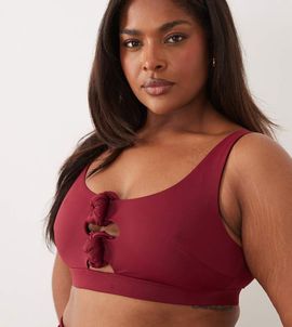 ASOS Curve ASOS DESIGN Curve Martina knot square neck crop bikini top in burgundy-Red