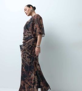 ASOS Curve ASOS DESIGN Curve maxi chiffon dress with asym sleeves in dark animal print-MULTI