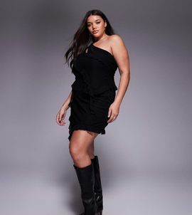 ASOS Curve ASOS DESIGN Curve mesh asymmetric ruffle mini skirt in black - part of a set