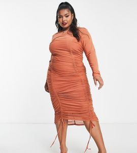 ASOS Curve ASOS DESIGN Curve mesh midi dress rich ruching with detachable slip in brown-Multi