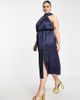 ASOS Curve ASOS DESIGN Curve midi dress with cross front tie neck in satin-Blue - 1