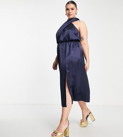 ASOS Curve ASOS DESIGN Curve midi dress with cross front tie neck in satin-Blue