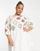 ASOS Curve ASOS DESIGN Curve mini crochet embroidered smock dress with puff sleeves in cream-White - 1