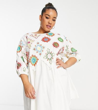 ASOS Curve ASOS DESIGN Curve mini crochet embroidered smock dress with puff sleeves in cream-White