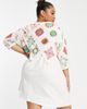 ASOS Curve ASOS DESIGN Curve mini crochet embroidered smock dress with puff sleeves in cream-White - 4