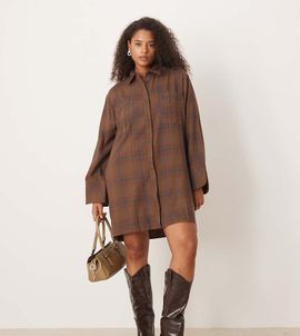 ASOS Curve ASOS DESIGN Curve mini shirt dress with wide cuffs and oversized pockets in brown plaid-Multi