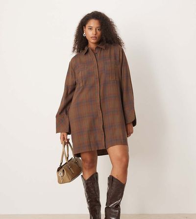 ASOS Curve ASOS DESIGN Curve mini shirt dress with wide cuffs and oversized pockets in brown plaid-Multi