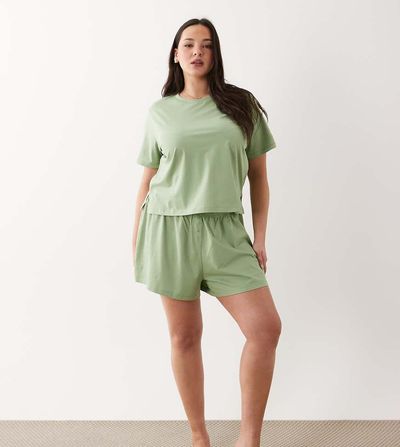 ASOS Curve ASOS DESIGN Curve mix & match cotton pajama flippy shorts in pistachio green