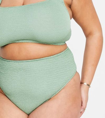 ASOS Curve ASOS DESIGN Curve mix & match crinkle high leg high waist bikini bottoms in khaki-Green